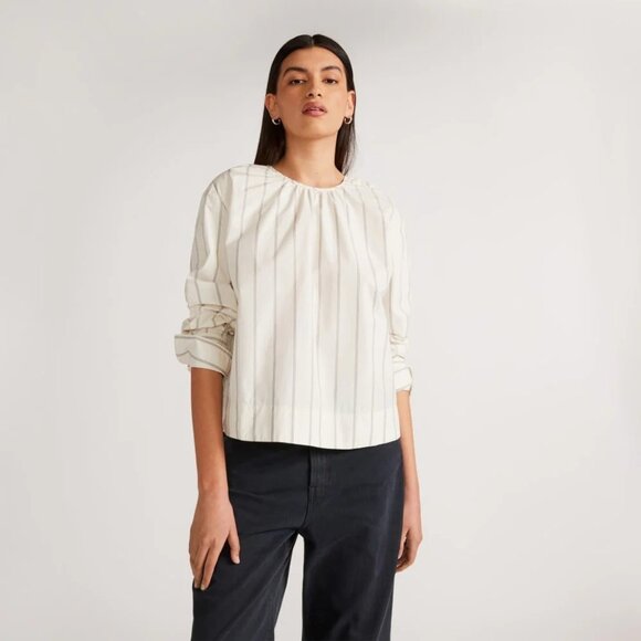 EVERLANE Ivory Striped Cotton Poplin Open Back Breeze Shirt Blouse, Size XS - Picture 1 of 16